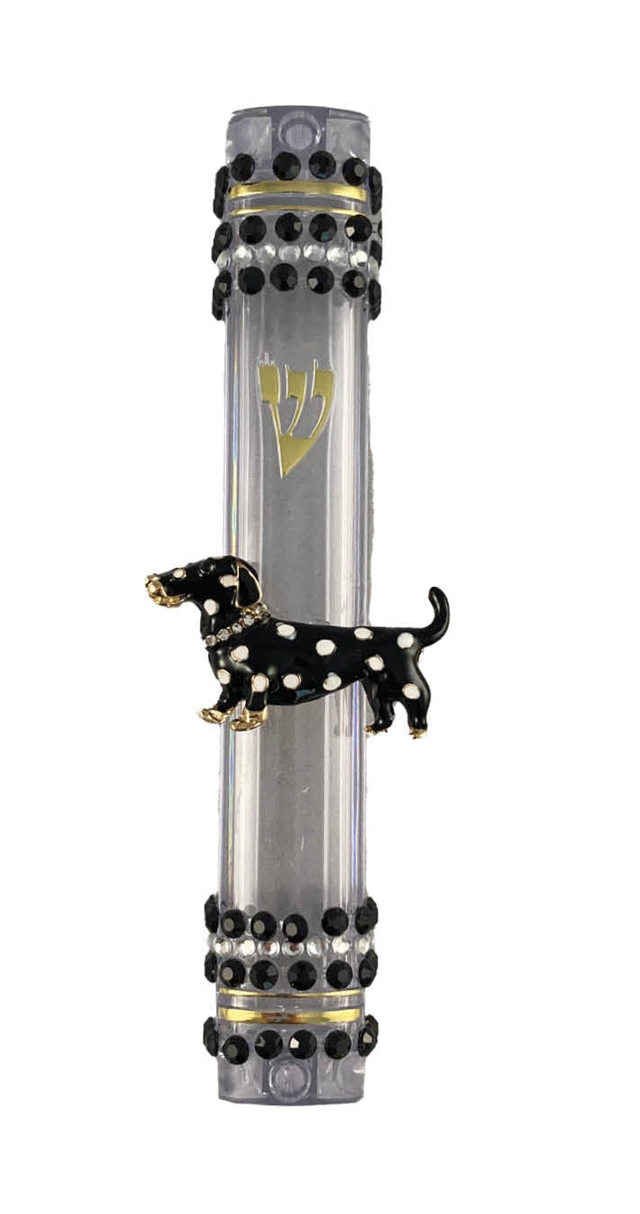 Black and white bling mezuzah case — aluminum body studded with rhinestones and enamel jewelry | Judaica Square Lake (view 5)