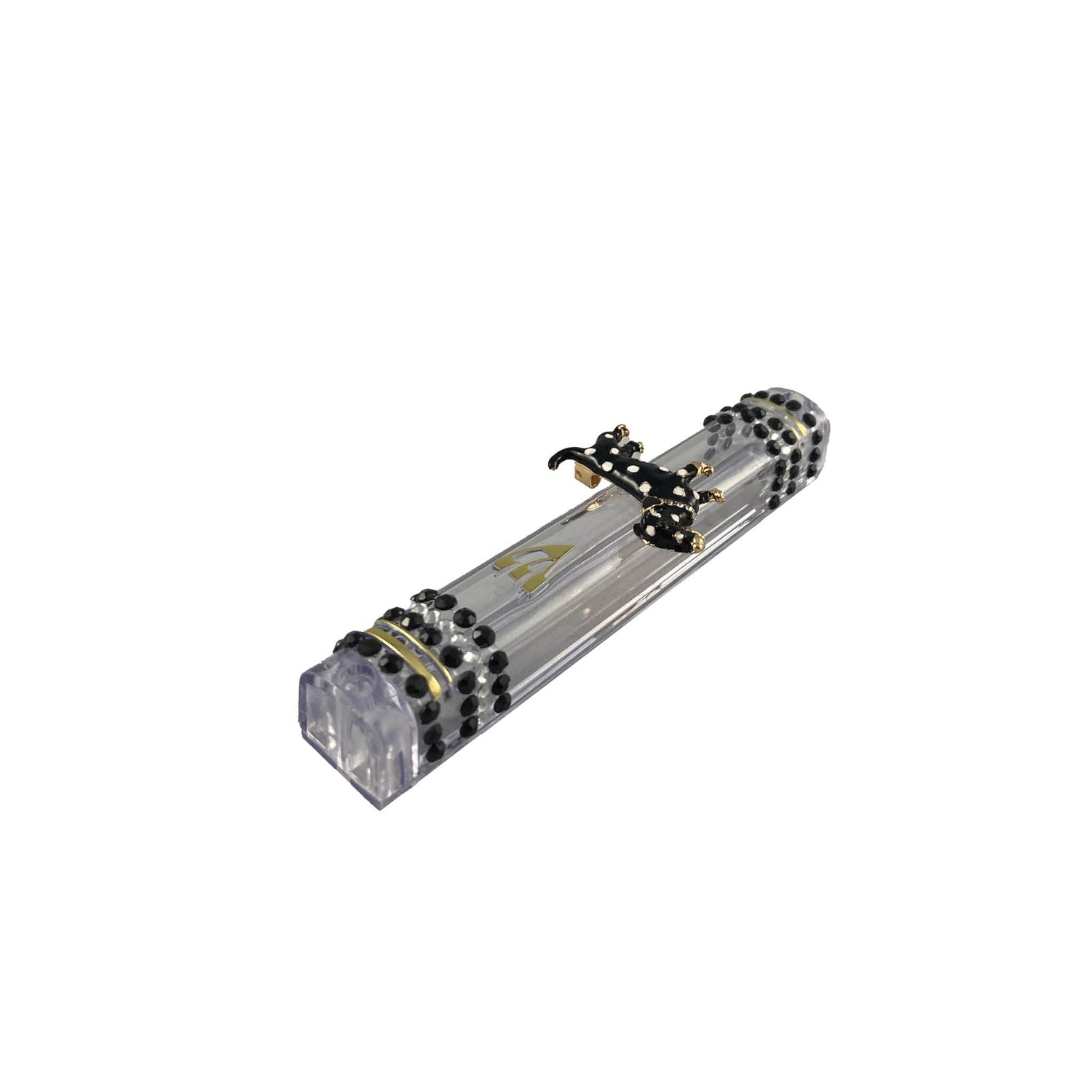 Black and white bling mezuzah case — aluminum body studded with rhinestones and enamel jewelry | Judaica Square Lake (view 7)