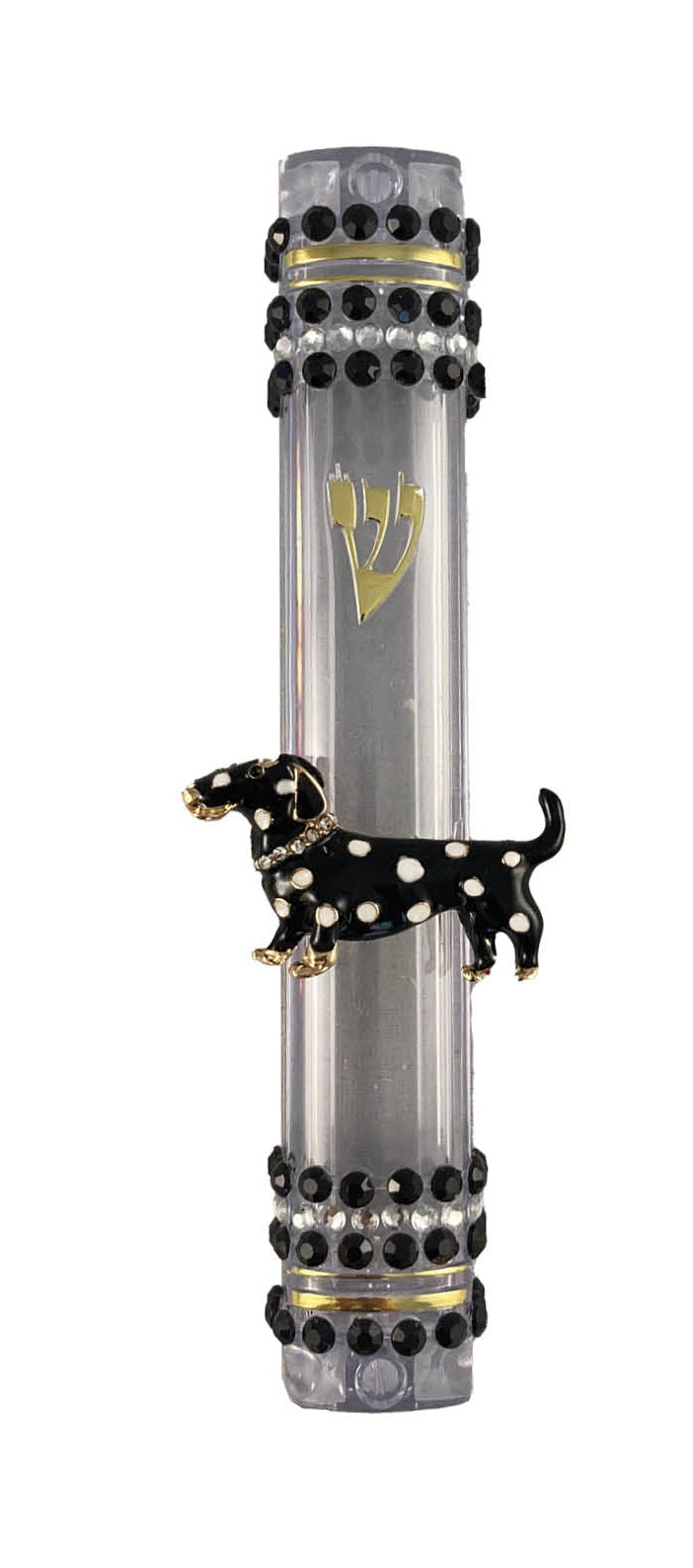 Black and white bling mezuzah case — aluminum body studded with rhinestones and enamel jewelry | Judaica Square Lake (view 3)