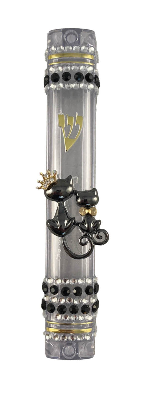 Black and white bling mezuzah case — aluminum body studded with rhinestones and enamel jewelry | Judaica Square Lake (view 6)