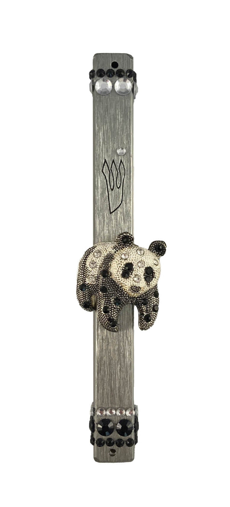 Black and white bling mezuzah case — aluminum body studded with rhinestones and enamel jewelry | Judaica Square Lake (view 2)
