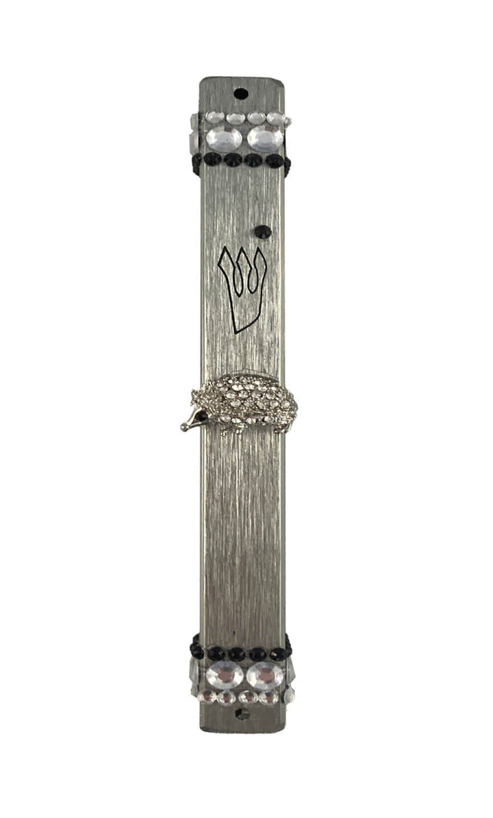 Black and white bling mezuzah case, aluminum body studded with rhinestones and enamel jewelry