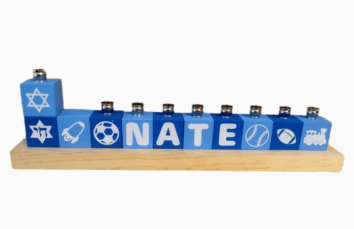 Personalized name block menorah — hand-painted blocks with vinyl letters and nickel cups | Judaica Square Lakewood (view 10)
