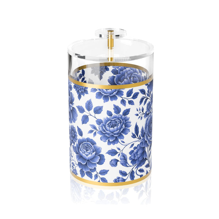 Maison Bloom round lucite cookie jar with blue peony wrap, gold bands and clear lid with gold knob