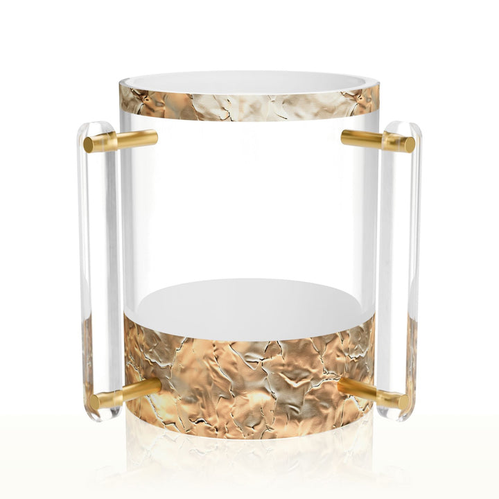 Cadence washing cup, clear cylinder with crinkled gold bands and two clear handles on gold fittings