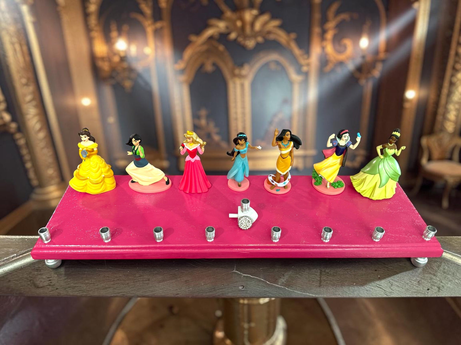 Classic Disney princess menorah — row of repurposed princess figures on pink glitter plaque | Judaica Square Lakewoo (view 5)