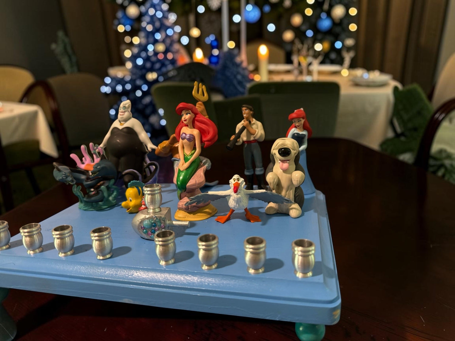 Little Mermaid Menorah — mermaid figures and rhinestones on a painted wood plaque | Judaica Square Lakewood (view 4)