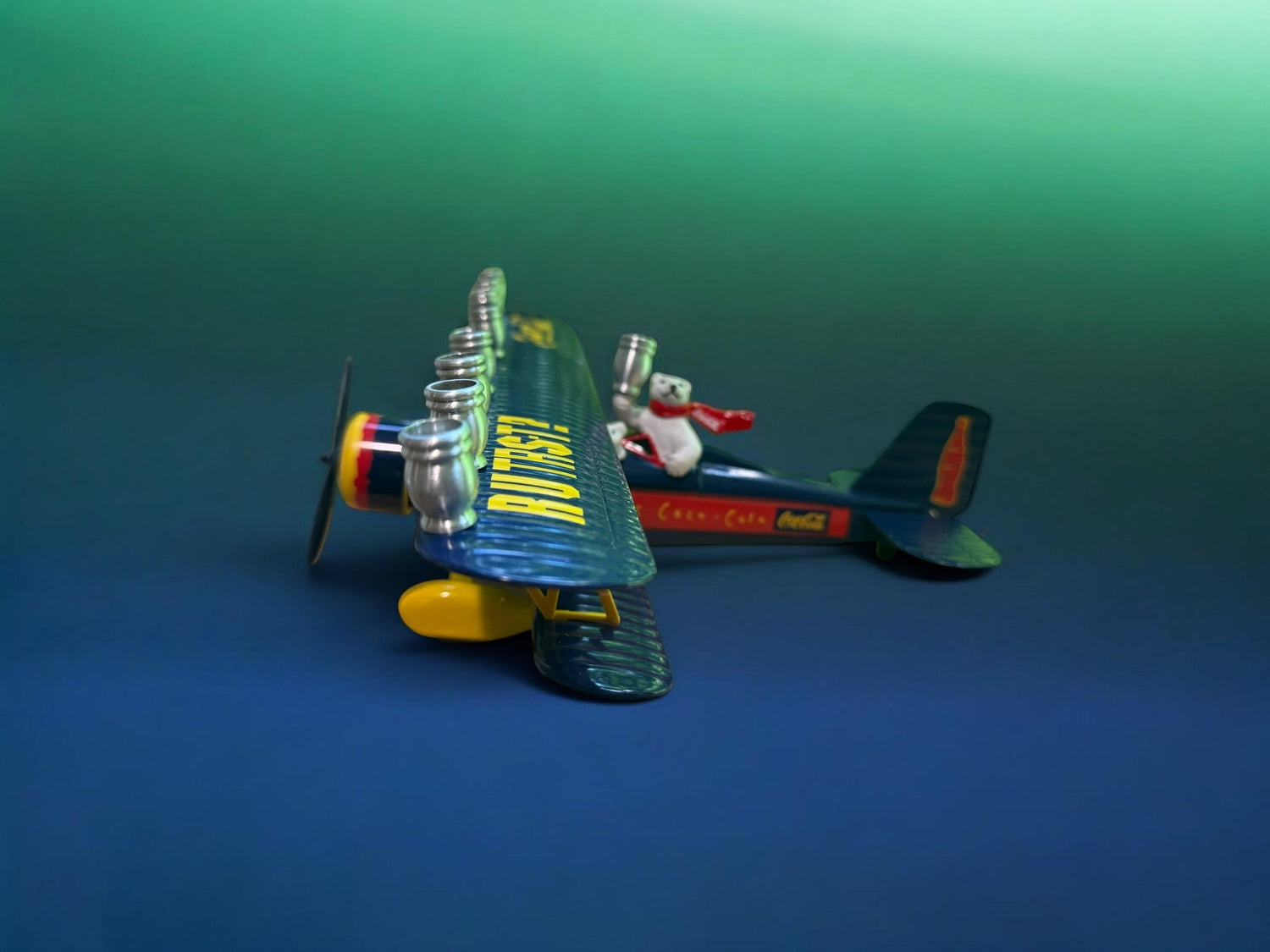 Vintage Airplane Menorah — die-cast metal plane bank fitted with aluminum cups | Judaica Square Lakewood (view 17)