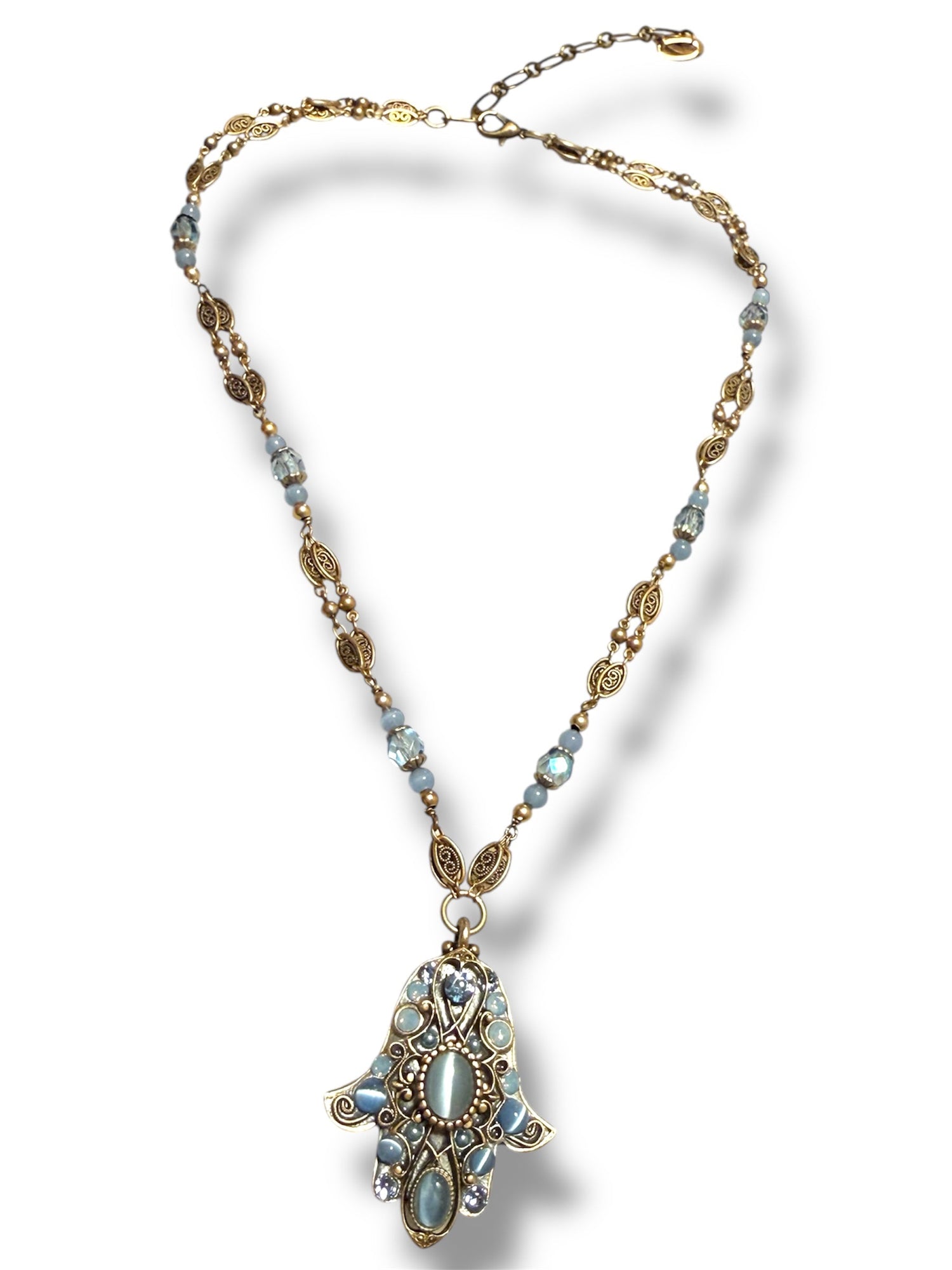 Bluebell hamsa necklace — blue Swarovski and cat's eye pendant | Judaica Square Lakewood (view 4)