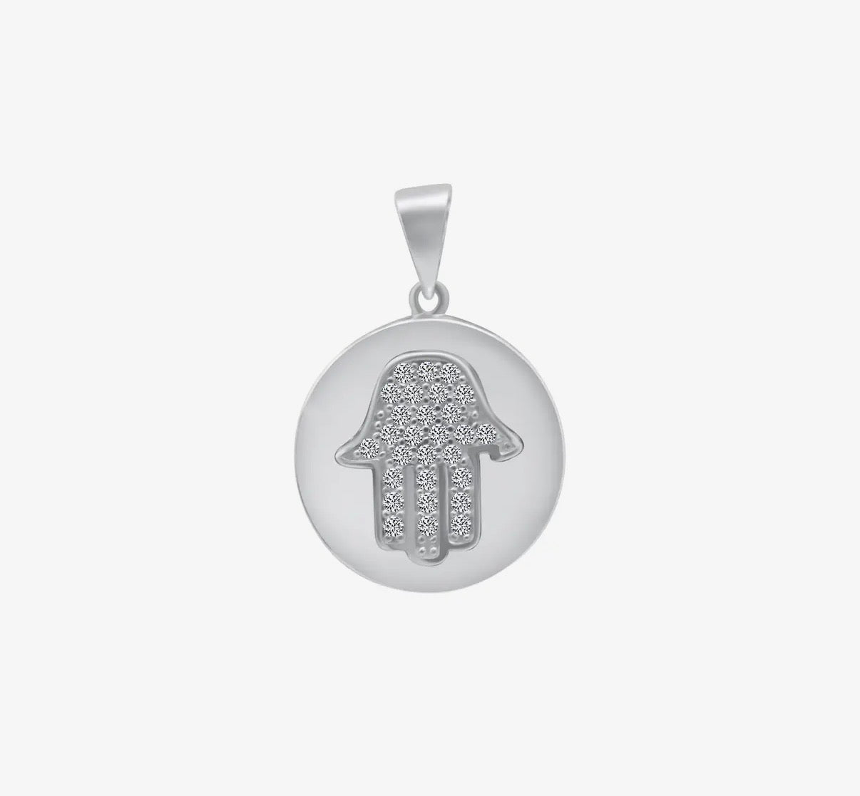 Circle hamsa necklace — sterling silver disc with cubic zirconia | Judaica Square Lakewood (view 6)