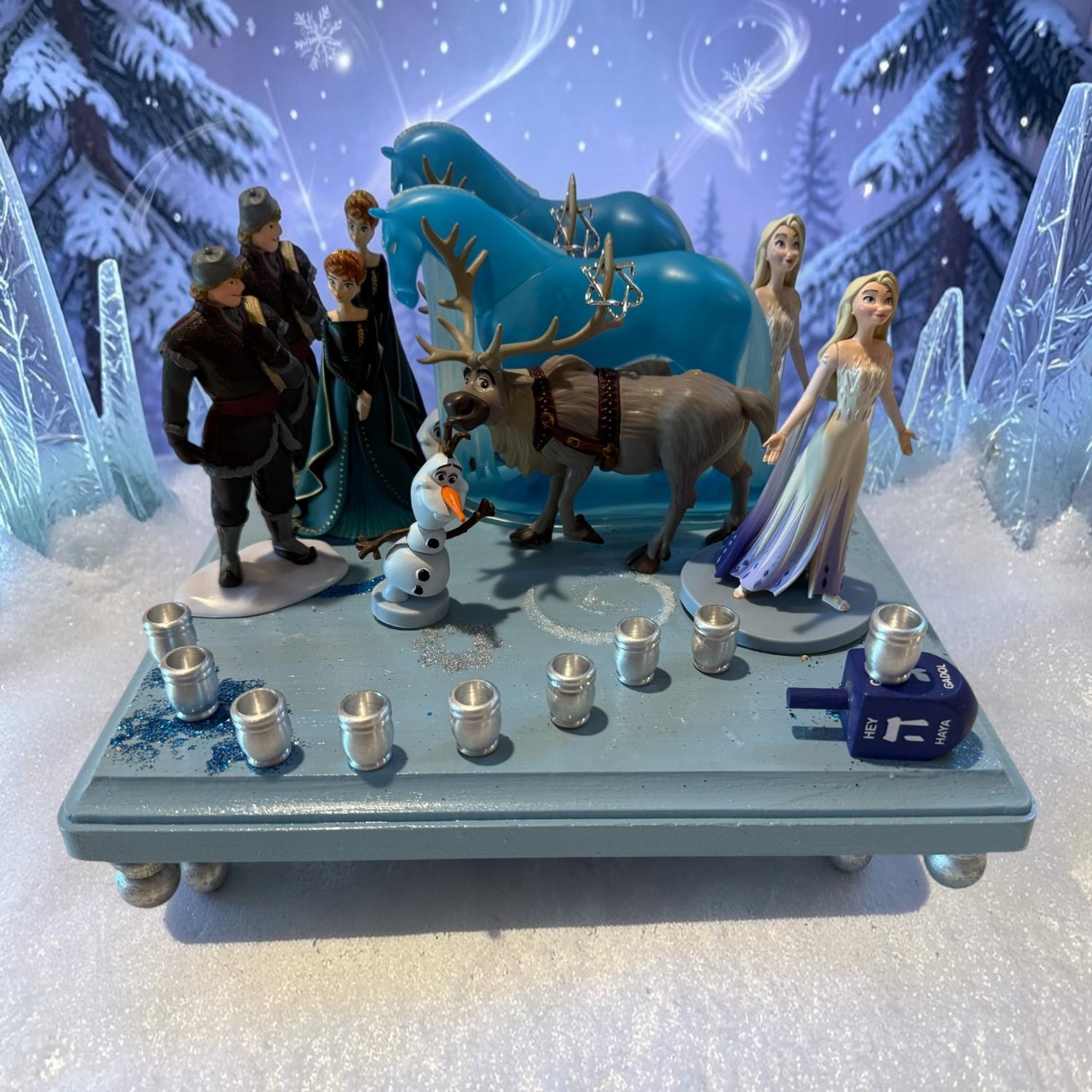 Frozen Menorah — Anna and Elsa figures with glitter dreidel shamash | Judaica Square Lakewood (view 2)