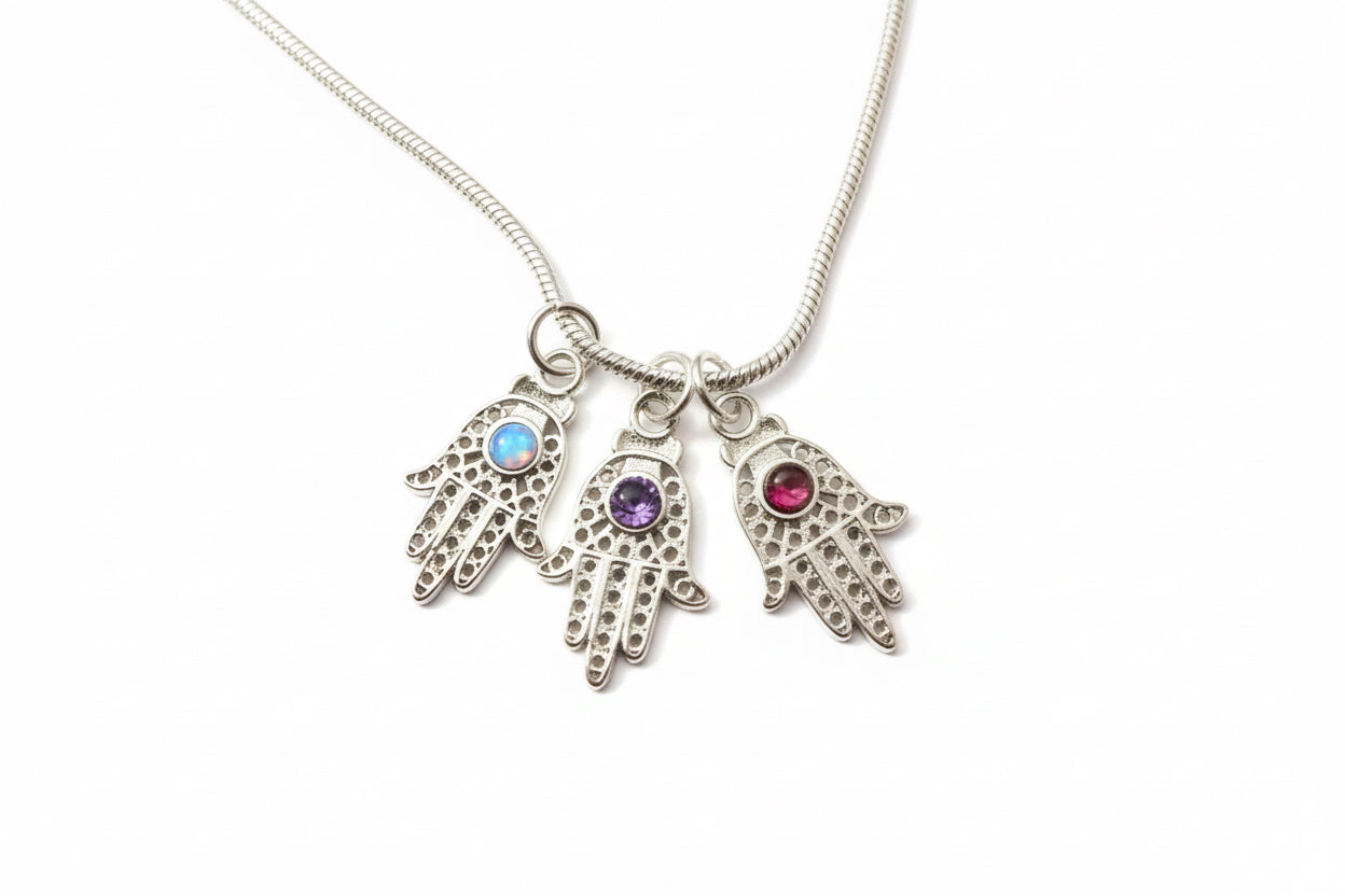 Filigree sterling hamsa pendant set with a purple amethyst stone | Judaica Square Lakewood (view 7)