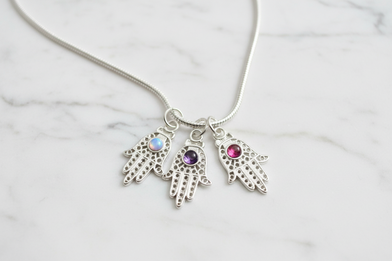 Filigree sterling hamsa pendant set with a purple amethyst stone | Judaica Square Lakewood (view 12)