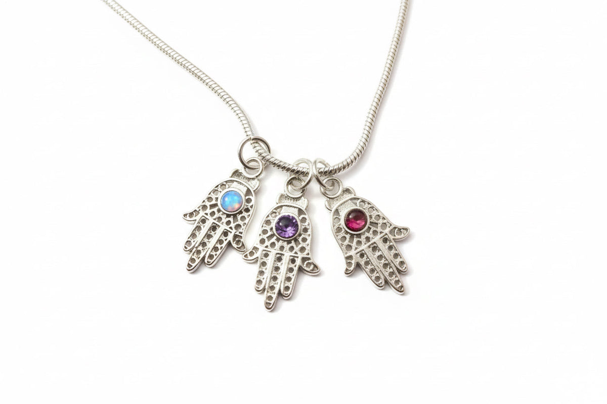 Filigree sterling hamsa pendant set with a purple amethyst stone | Judaica Square Lakewood (view 7)