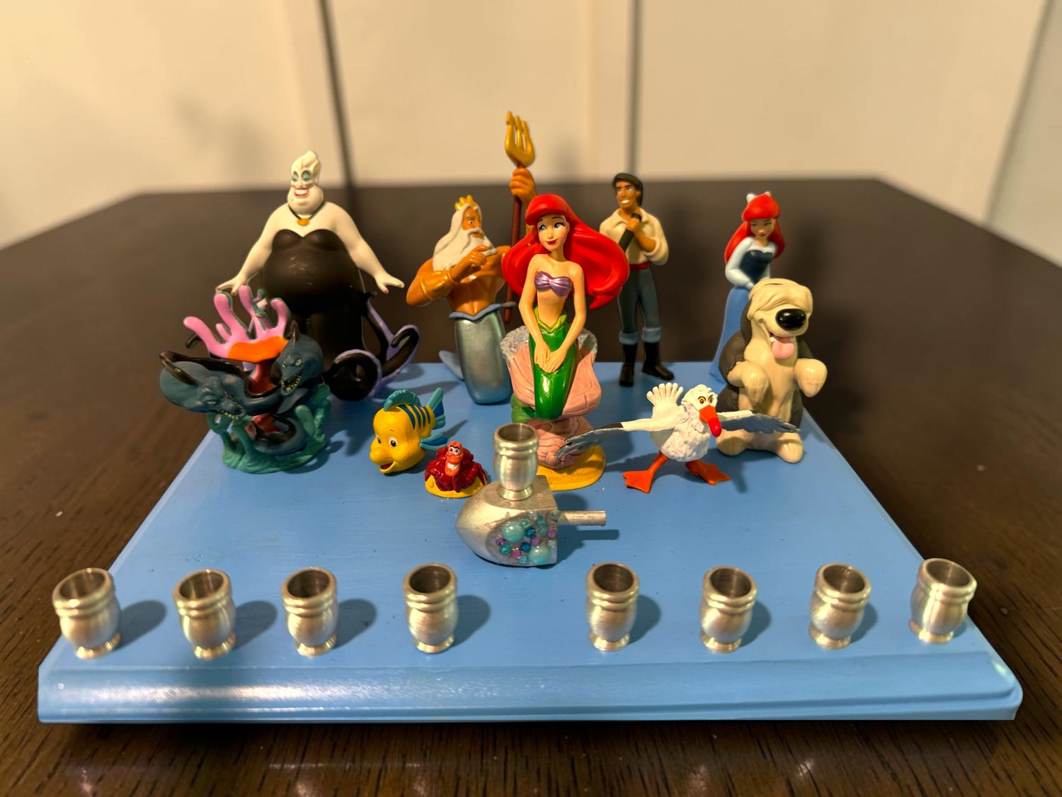 Little Mermaid Menorah — mermaid figures and rhinestones on a painted wood plaque | Judaica Square Lakewood (view 16)