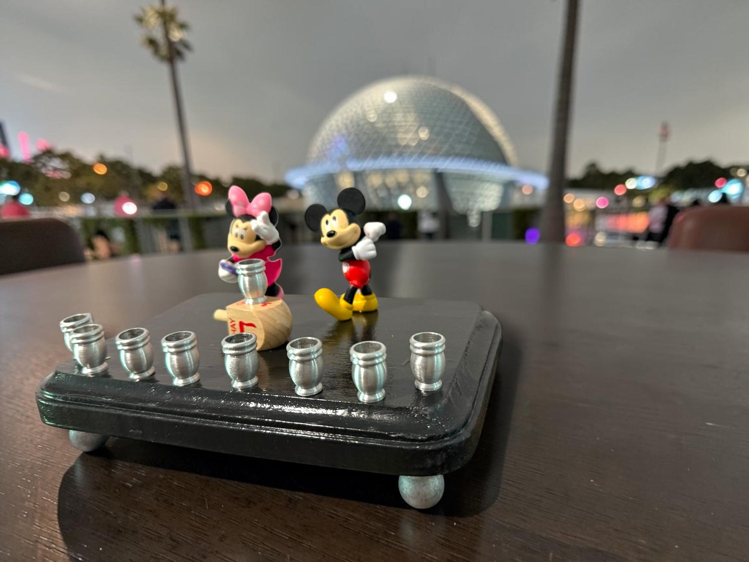 Mickey and Minnie Mouse menorah — repurposed Disney figures on painted wood plaque | Judaica Square Lakewood (view 22)