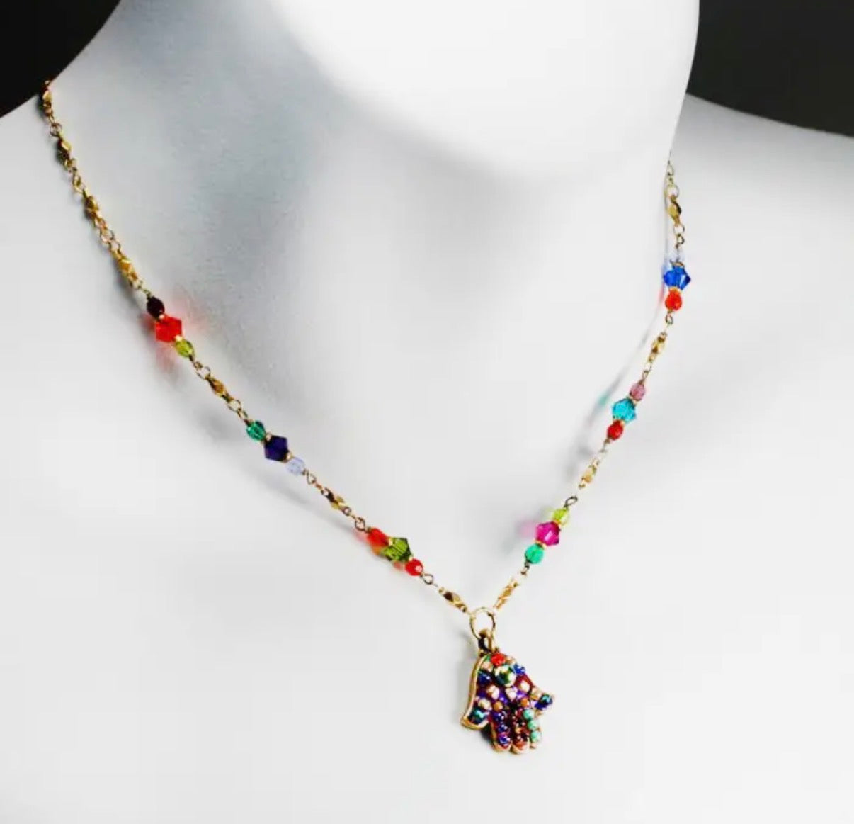 Multicolor hamsa necklace — bright glass mosaic gold pendant | Judaica Square Lakewood (view 4)