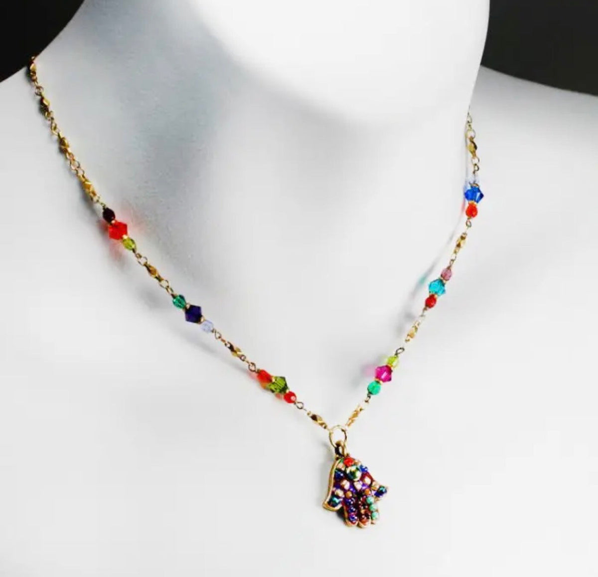 Multicolor hamsa necklace — bright glass mosaic gold pendant | Judaica Square Lakewood (view 4)