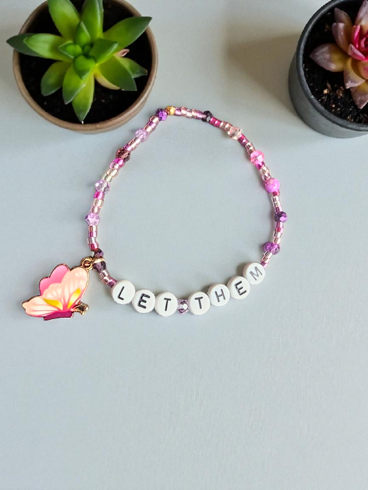 Let Them / Let Me beaded bracelet — letter beads with crystal and enamel charms on elastic | Judaica Square Lakewood (view 7)