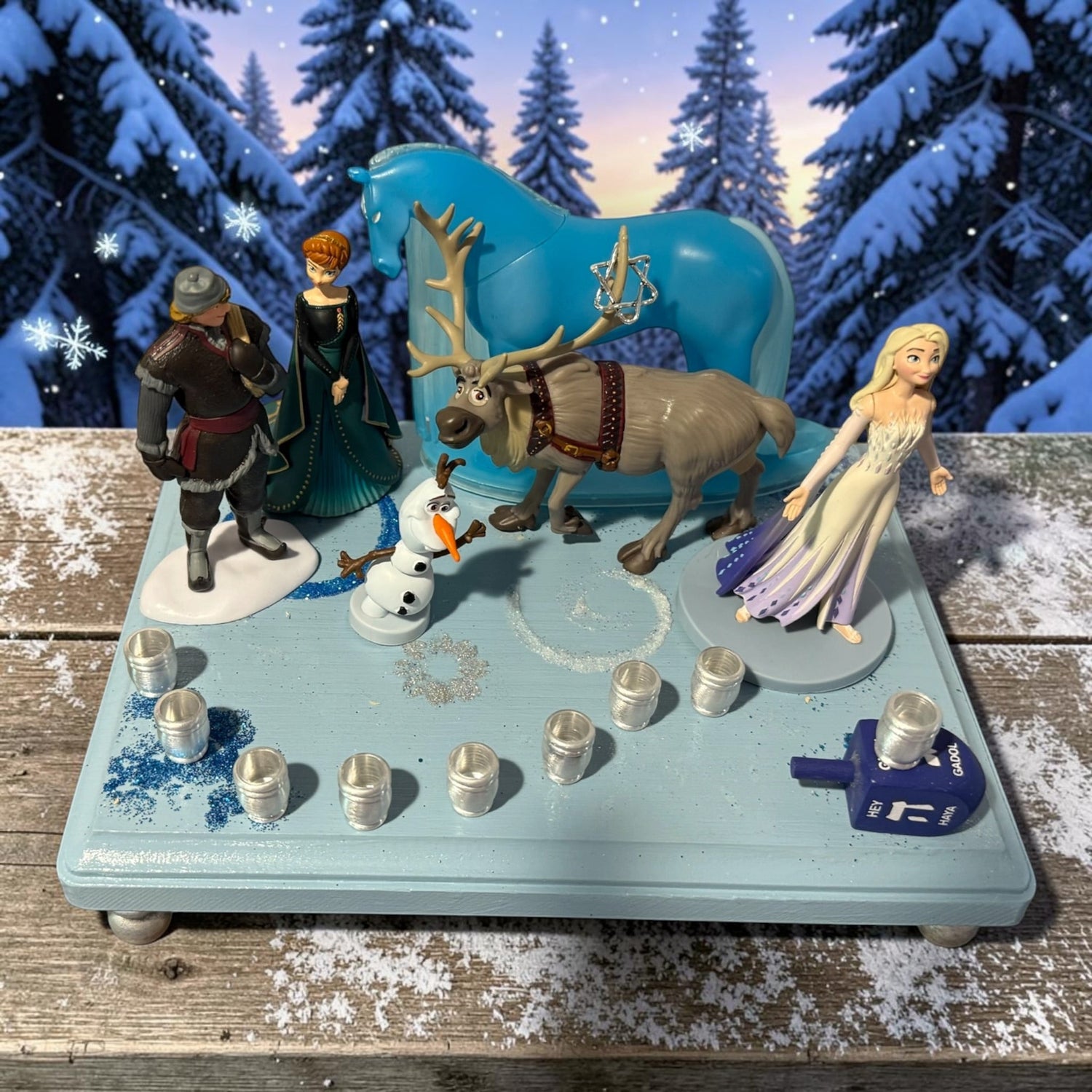 Frozen Menorah — Anna and Elsa figures with glitter dreidel shamash | Judaica Square Lakewood (view 4)