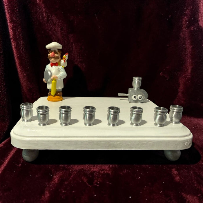 Swedish Chef menorah — Muppets chef figure with Hebrew bead dreidel and aluminum cups | Judaica Square Lakewood