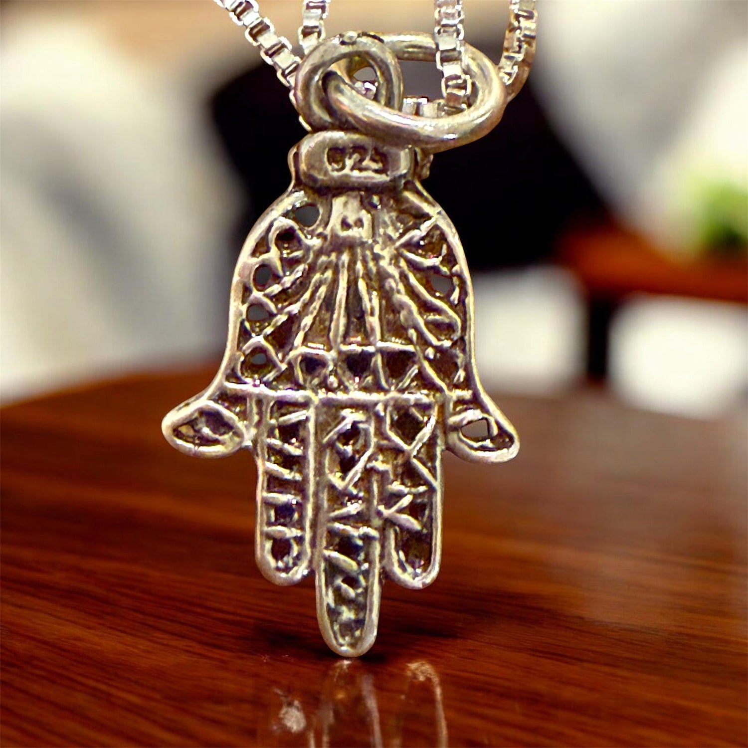 Sterling filigree hamsa pendant with blue opal stone on snake chain | Judaica Square Lakewood (view 8)