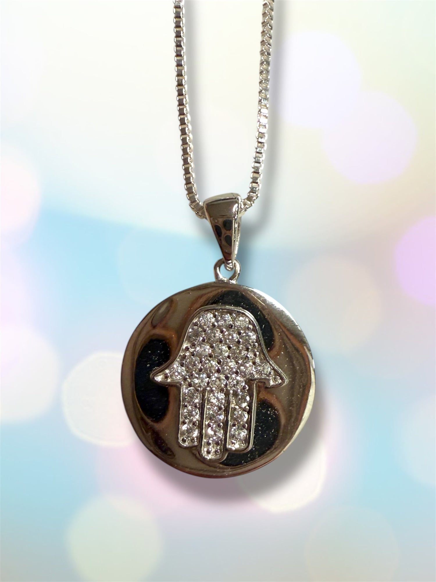 Circle hamsa necklace — sterling silver disc with cubic zirconia | Judaica Square Lakewood (view 3)
