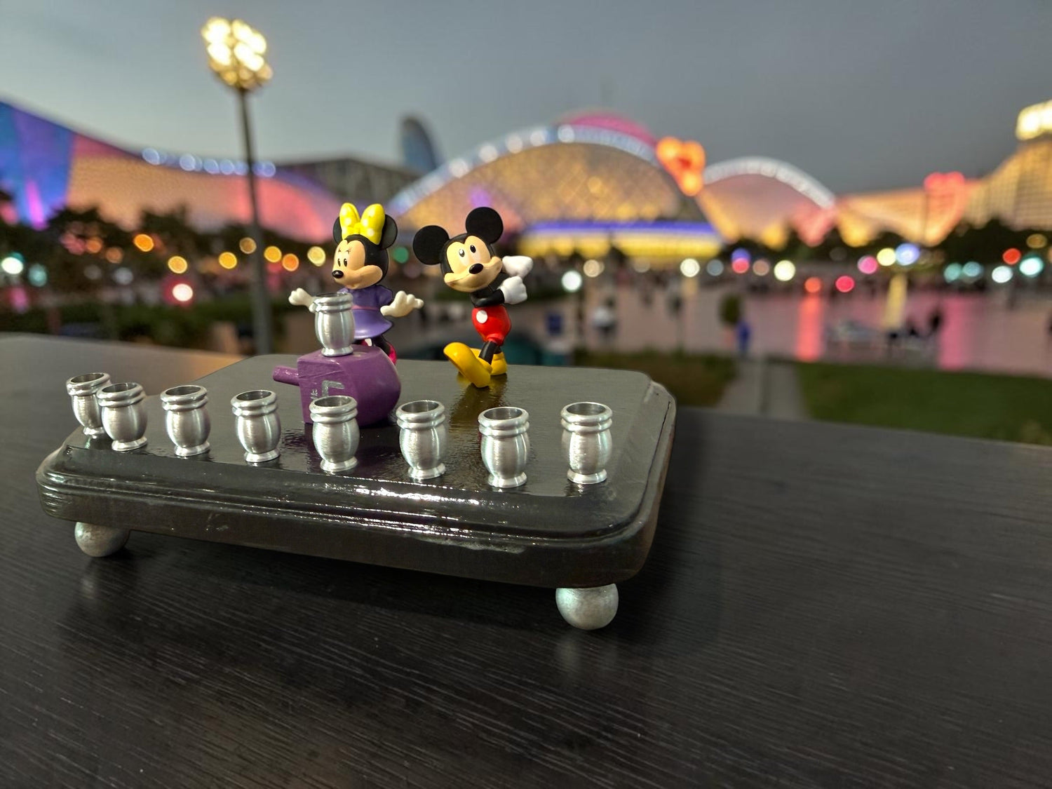 Mickey and Minnie Mouse menorah — repurposed Disney figures on painted wood plaque | Judaica Square Lakewood (view 17)