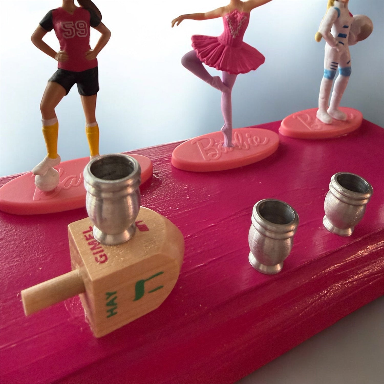 Barbie menorah — vintage Barbie career doll figures on painted wood plaques | Judaica Square Lakewood (view 8)
