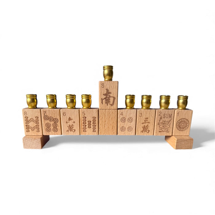 Mah Jongg menorah — repurposed game tiles with numbered aluminum candle cups | Judaica Square Lakewood