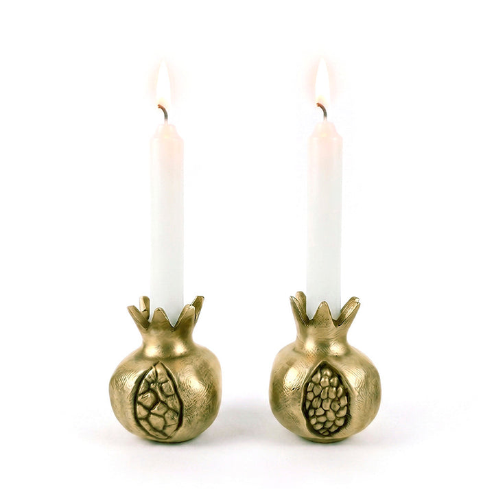Shabbos Candlesticks, Pomegranate, Brass, front view