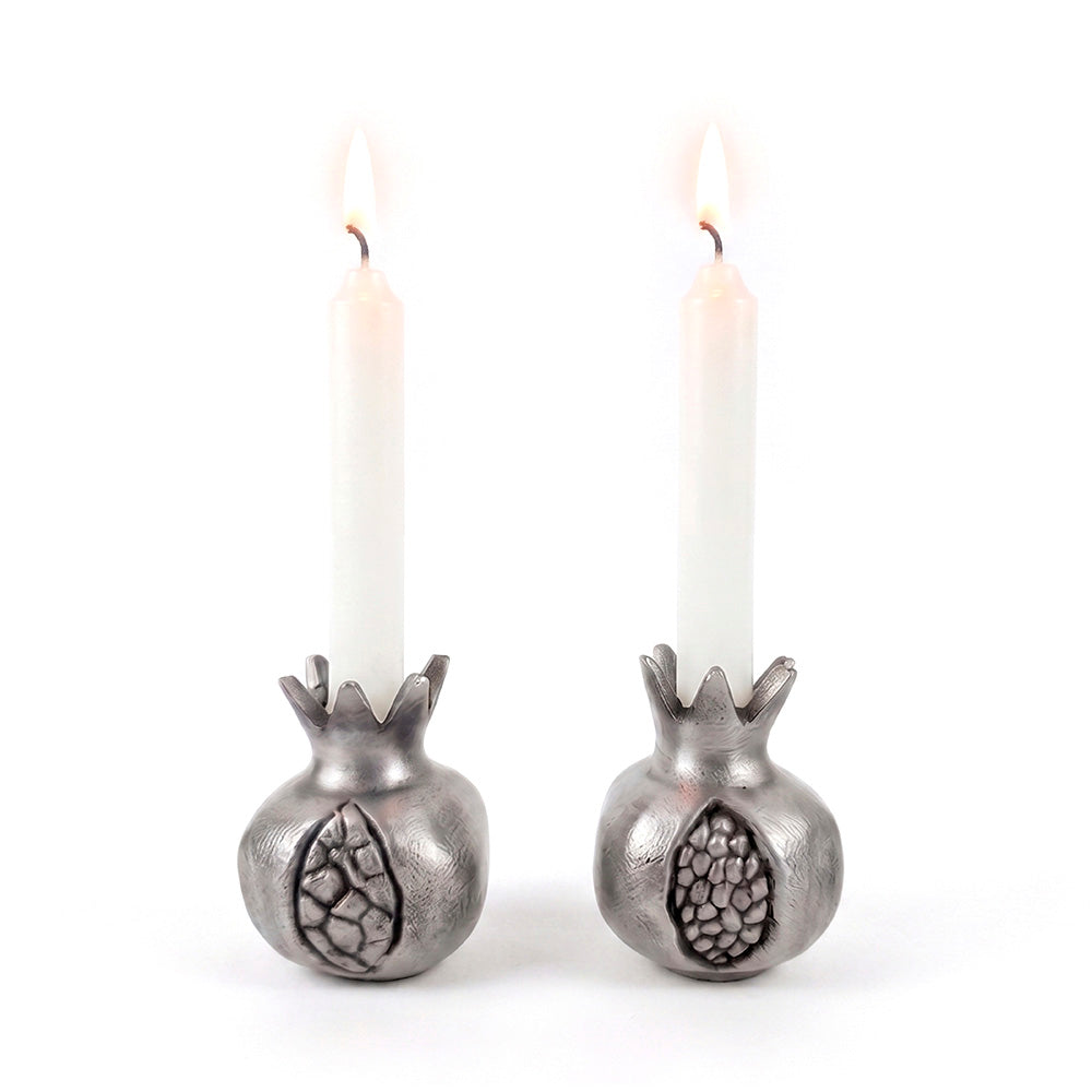 Shabbos Candlesticks, Pomegranate, Antique Silver, front view