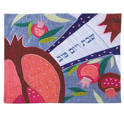 Blue Large Pomegranate  Raw Silk Appliqued Challa Cover