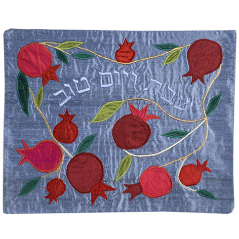 Pomegranates Blue  Raw Silk Appliqued Challa Cover