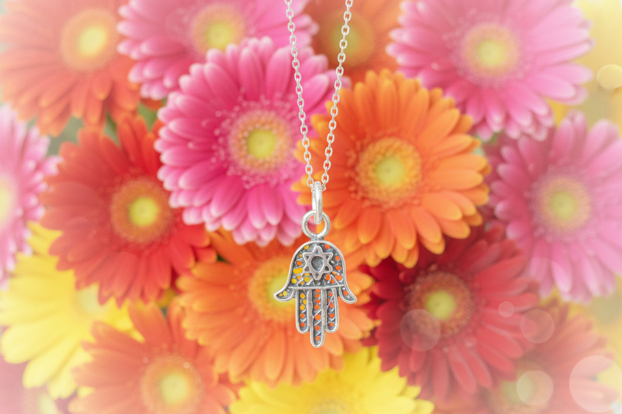 Sterling silver filigree hamsa pendant with Chai cutout on box chain | Judaica Square Lakewood (view 8)