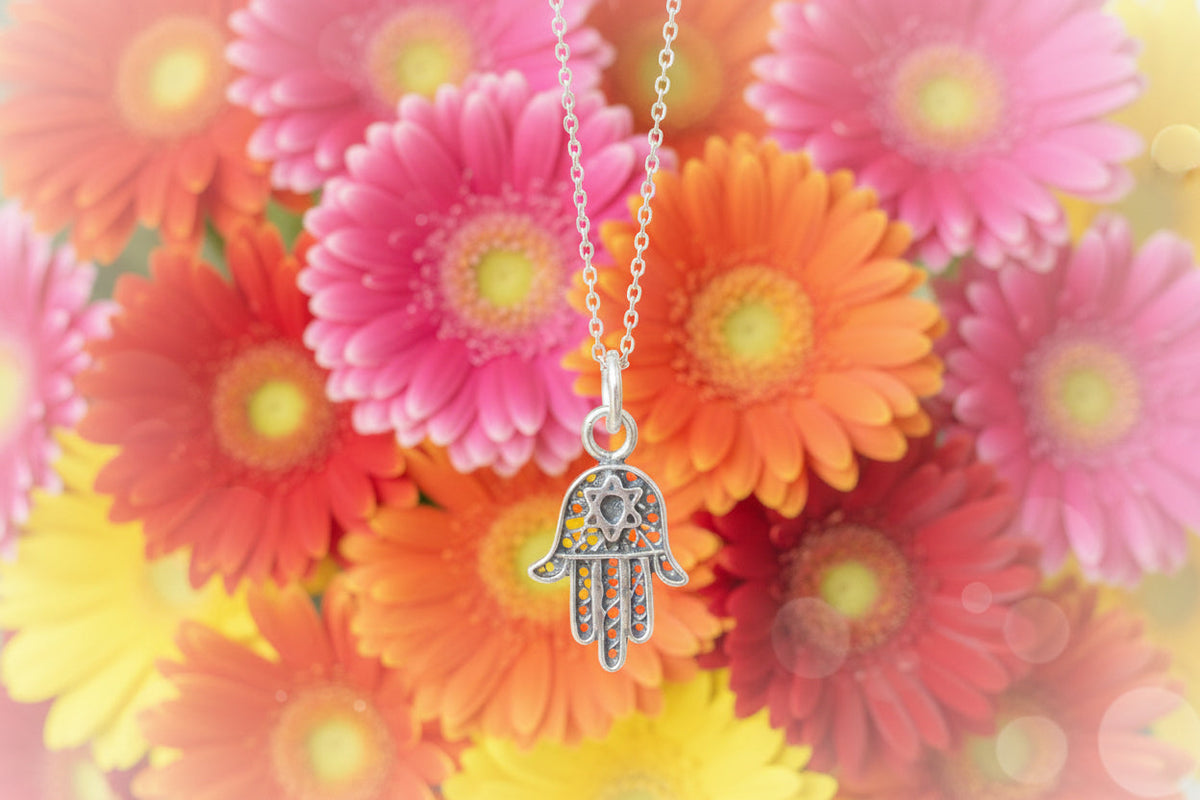 Sterling silver filigree hamsa pendant with Chai cutout on box chain | Judaica Square Lakewood (view 8)