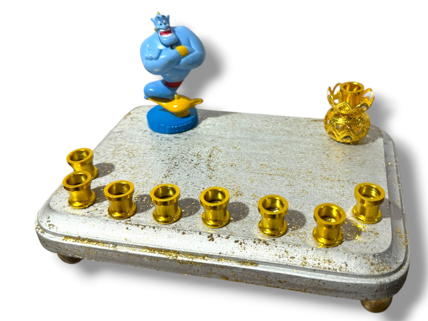 Genie menorah — blue Aladdin genie figure on painted wood plaque with aluminum candle cups | Judaica Square Lakewoo (view 12)