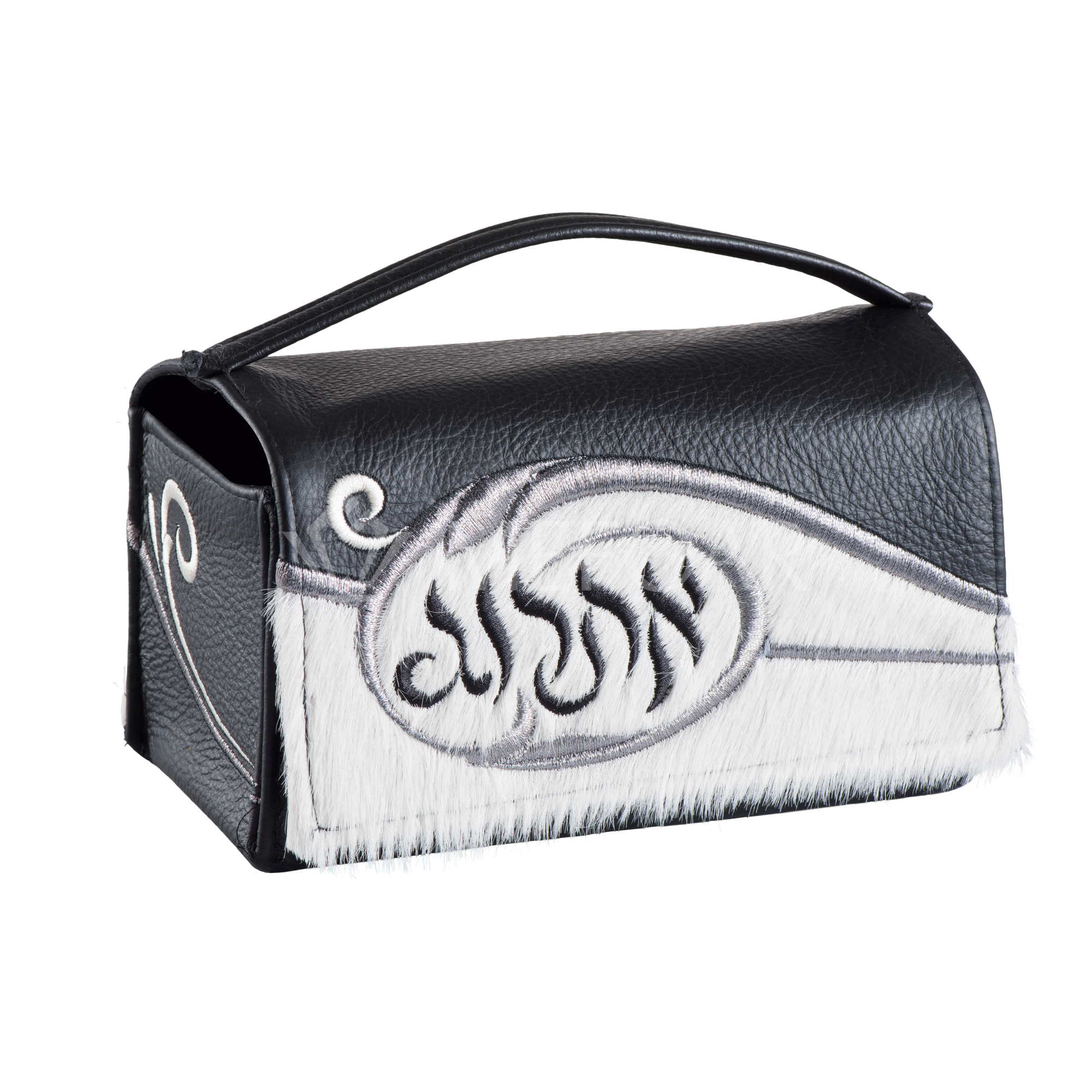 Black Leather with White Fur Esrog Holder #367 - Lulav & Esrog Holders