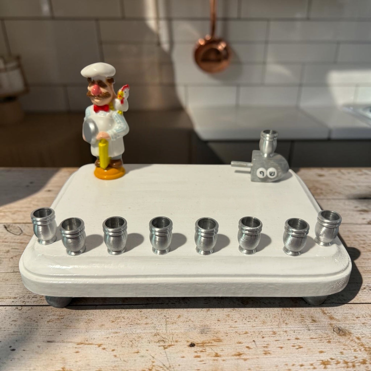 Swedish Chef menorah — Muppets chef figure with Hebrew bead dreidel and aluminum cups | Judaica Square Lakewood (view 7)