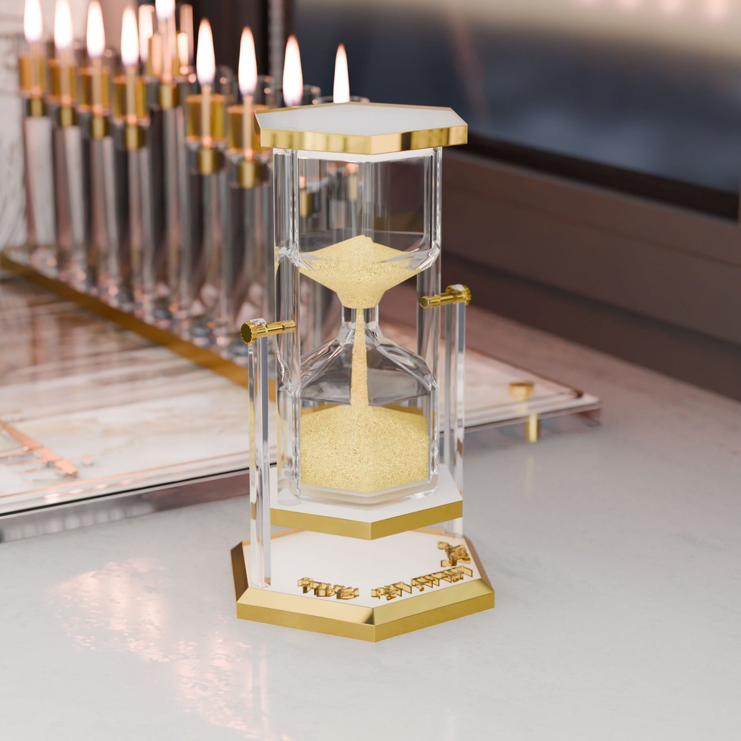 Turning 30-Min Hourglass Sand Timer v.2 — Chanukah — in Gold, styled in use on a set table