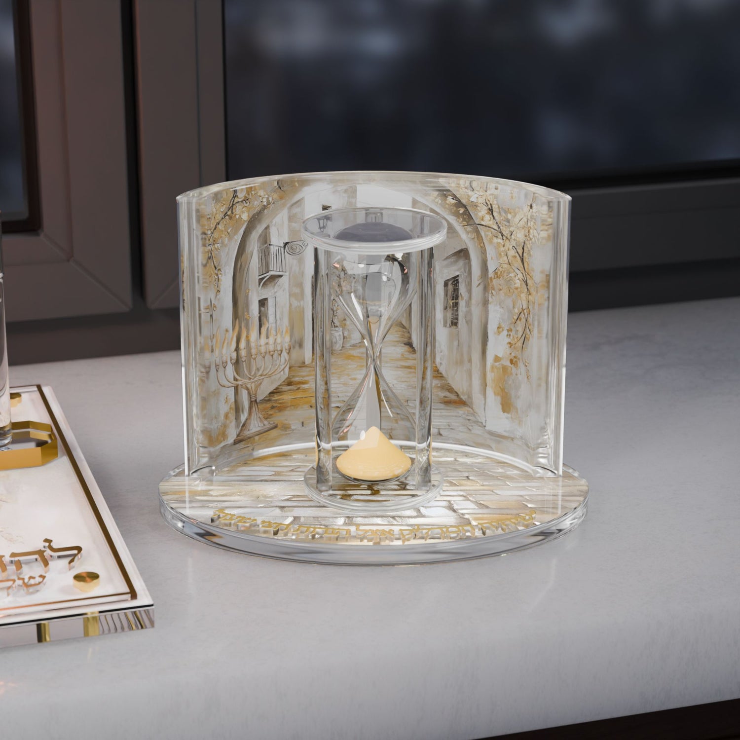 Golden Arch Deluxe Sand Timer — Chanukah — styled in use on a set table