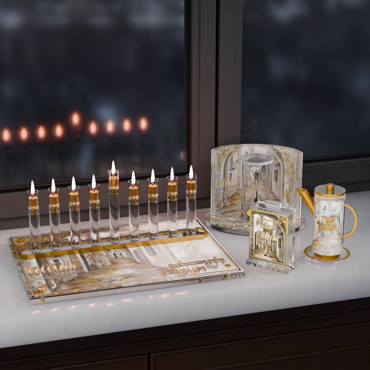 Golden Arch Chanukah Match Holder — styled in use on a set table