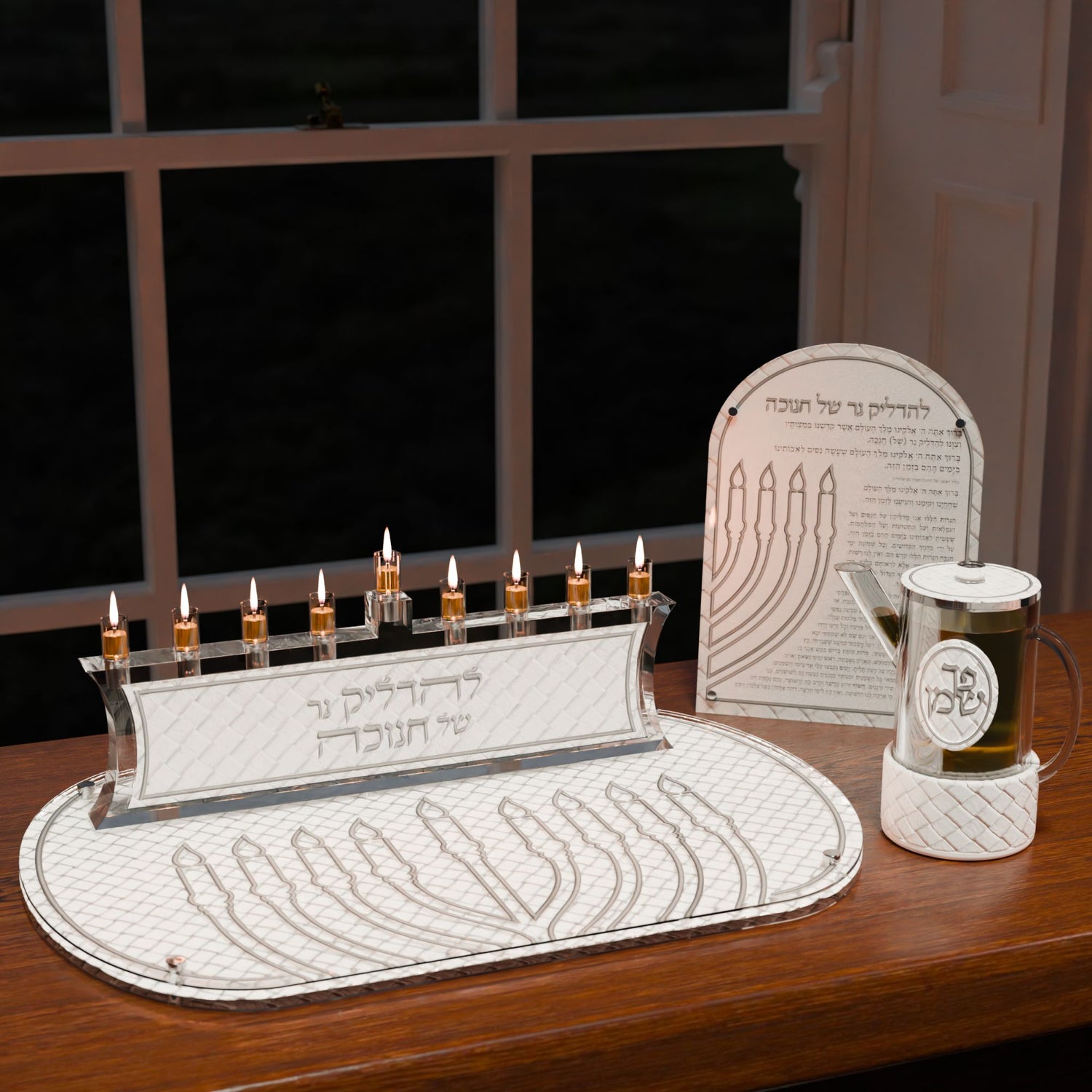 Woven Leatherite Chanukah Brachos Card — in Silver, styled in use on a set table