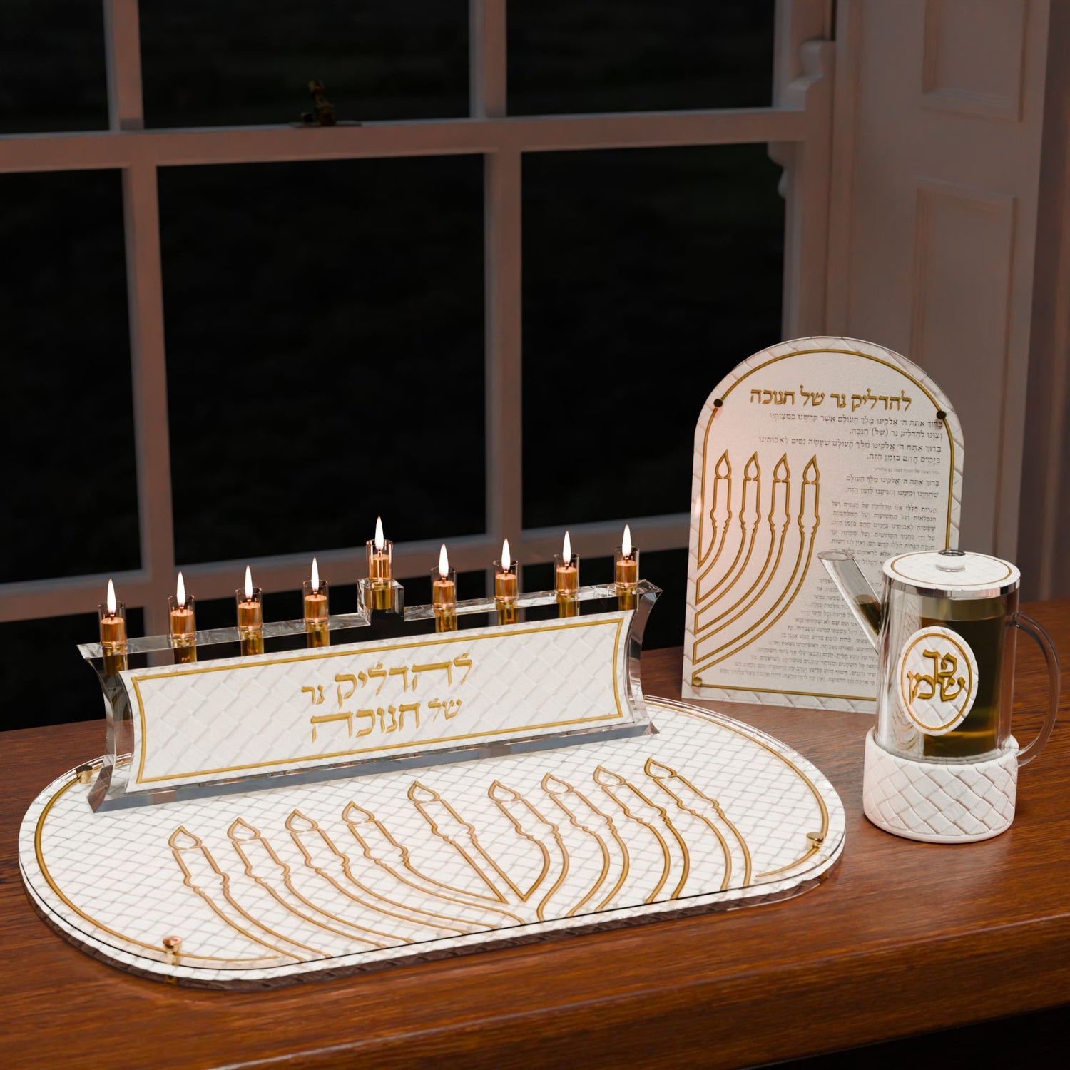 Woven Leatherite Chanukah Brachos Card — styled in use on a set table