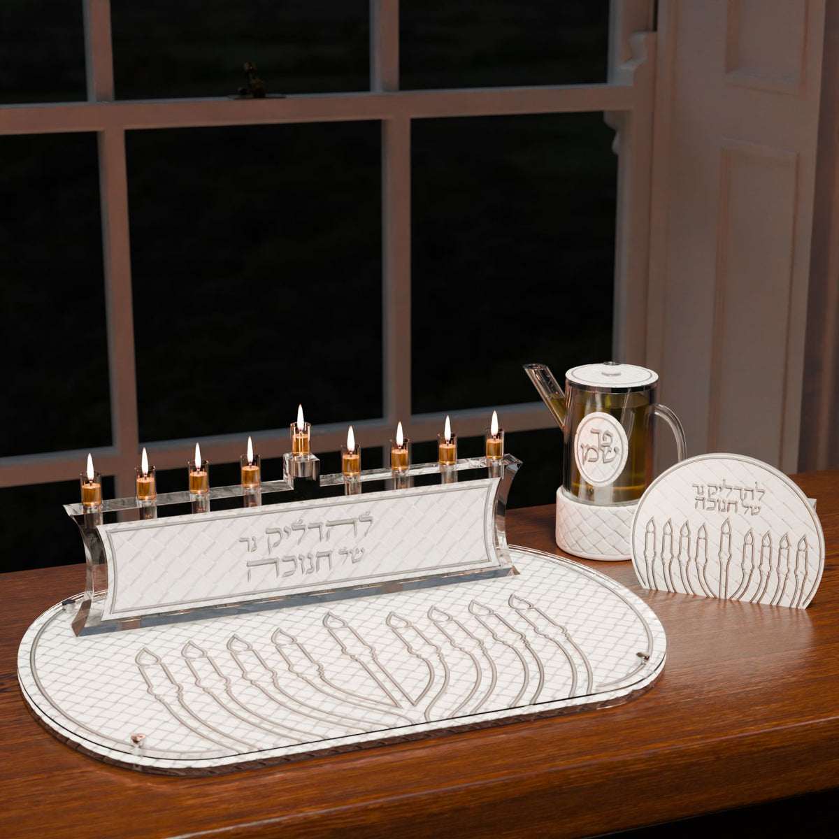 Woven Leatherite Chanukah Tray — in Silver, styled in use on a set table