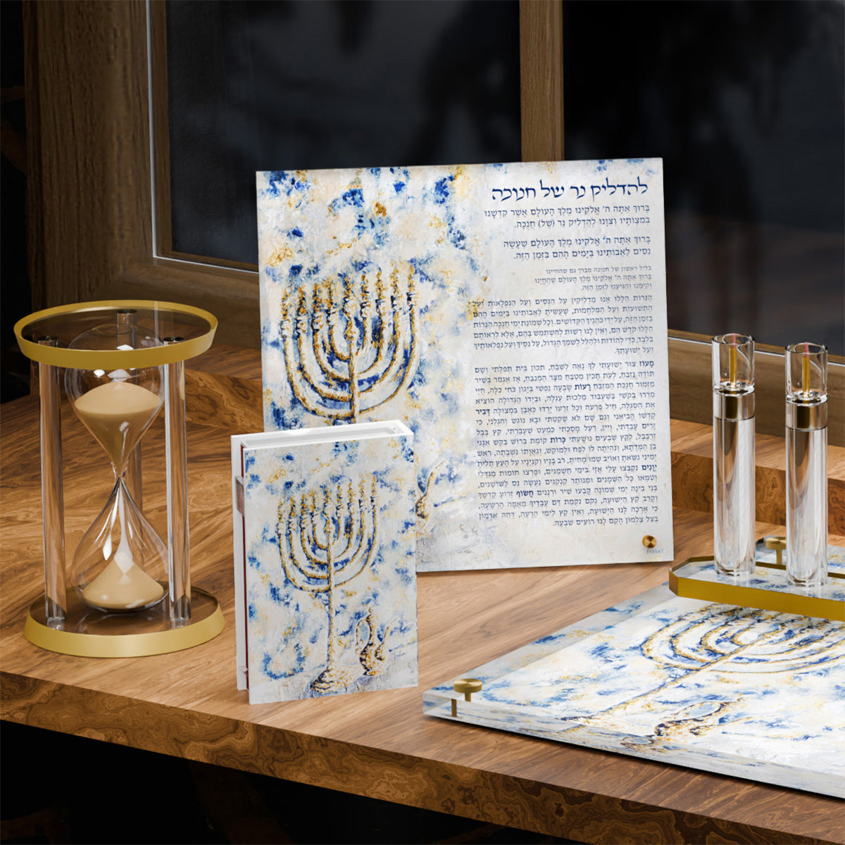 30-Min Hourglass Sand Timer — Chanukah — styled in use on a set table