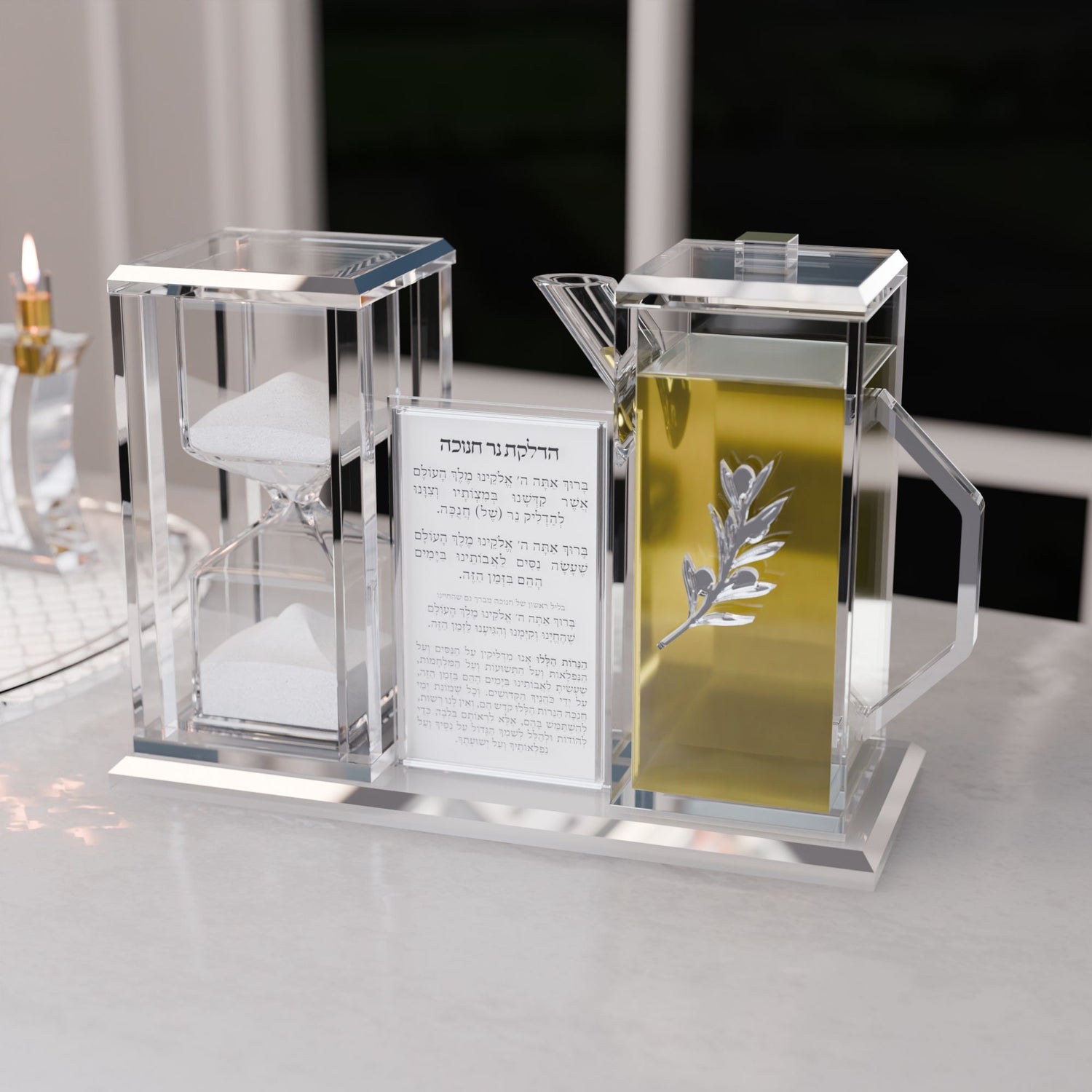 Hourglass & Oil Jug Set v.2 — Chanukah — close detail of the finish and lettering