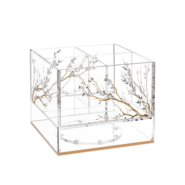 Botanical Blooms swivel cutlery holder, four clear compartments with gold branch art above a turntable napkin section