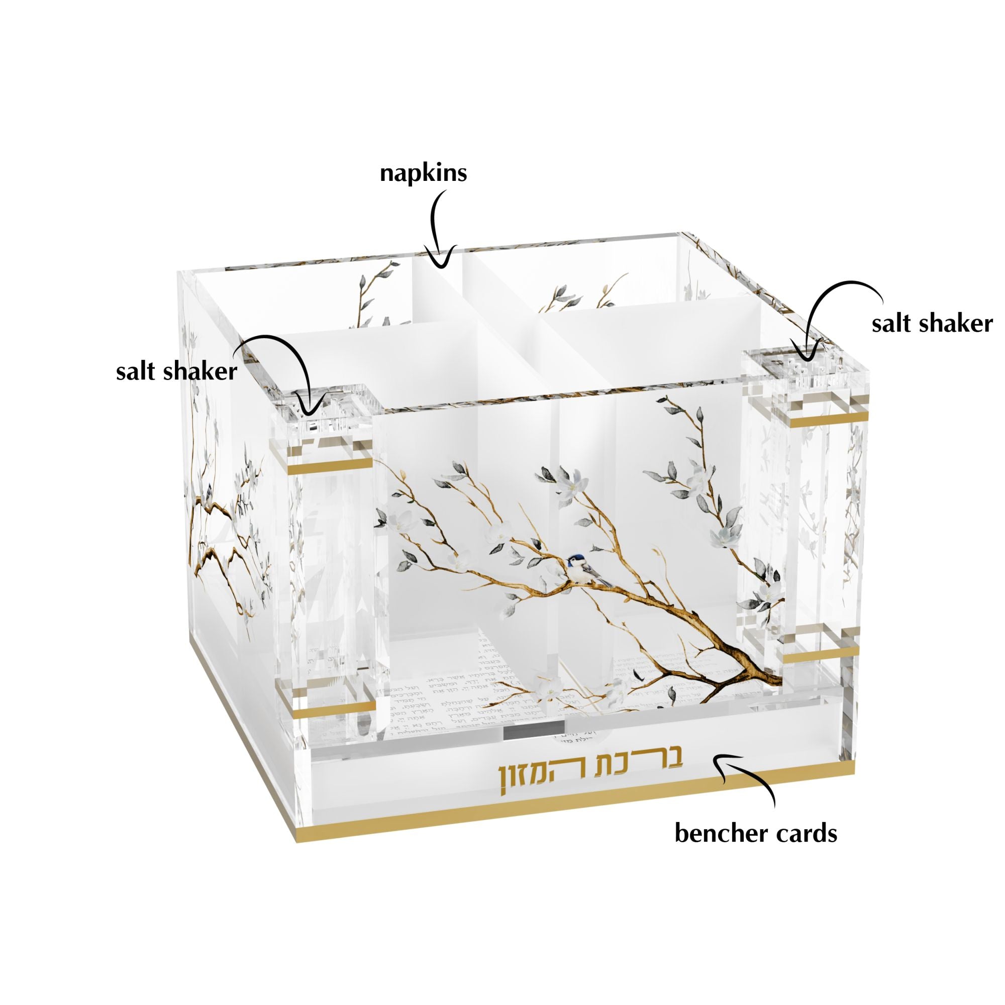 Botanical Blooms Cutlery Holder with Salt & Bencher Set — Shabbos — Shabbos Bencher Set | Judaica Square Lakewood
