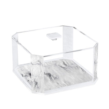 Cake bundt holder in Grey Pearl, clear lid with handle over a grey marbled base and corner posts